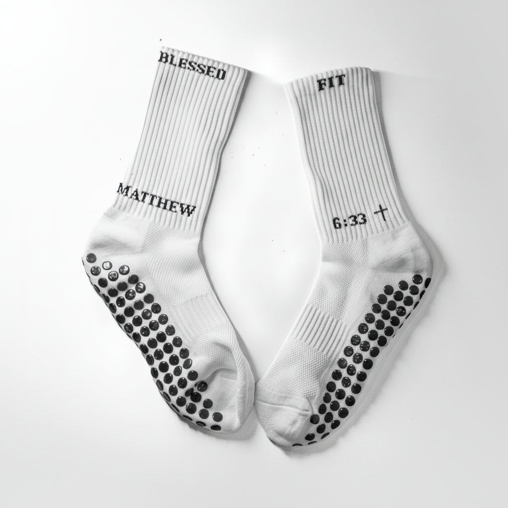 Personalized white athletic socks with blessing and faith text