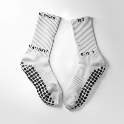 Personalized white athletic socks with blessing and faith text